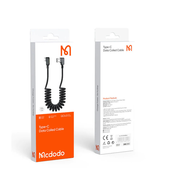 کابل تبدیل USB به USB-C مک دودو مدل Type-C Data Coiled طول 1.8 متر