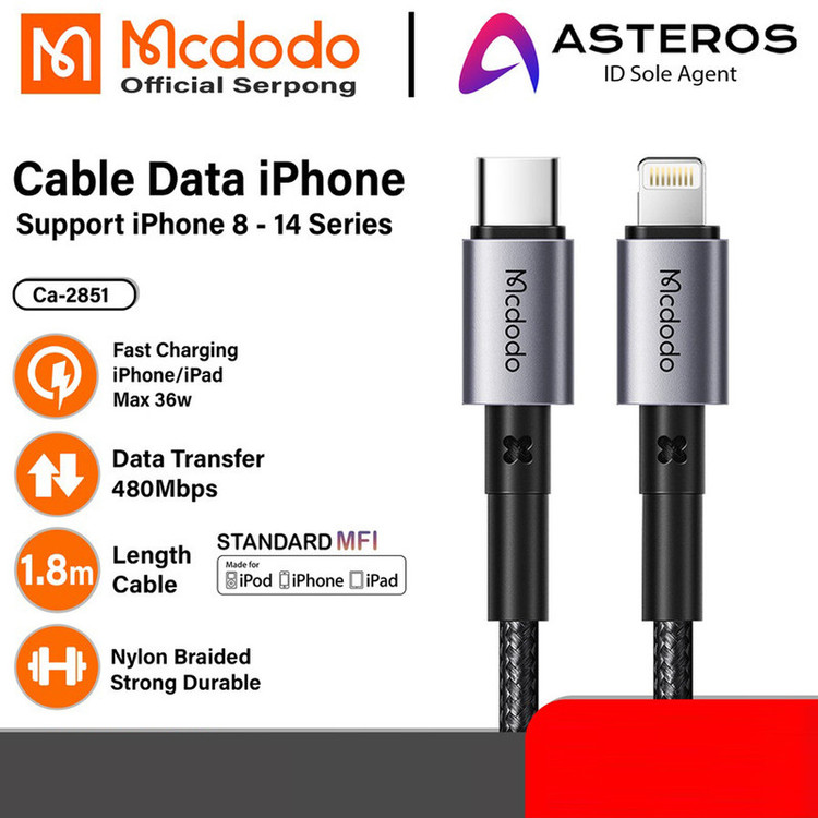 کابل تبدیل USB-C به لایتنینگ مک دودو مدل CA-2851 طول 1.8 متر