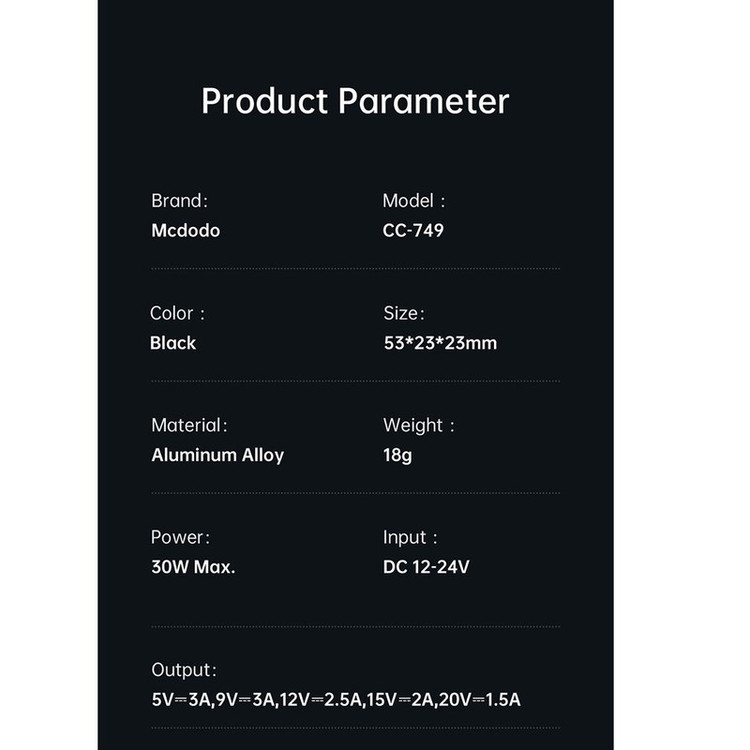 شارژر فندکی 30 وات مک دودو مدل MCA8 به همراه کابل تبدیل USB-C به لایتنینگ