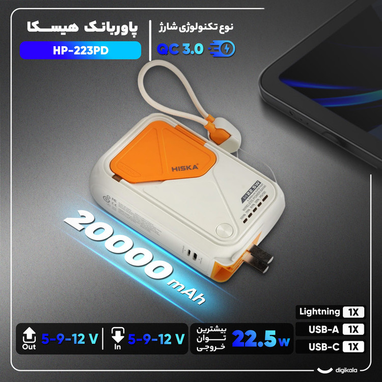 پاوربانک بیسیم 22.5 وات هیسکا مدل HP-223PD ظرفیت 20000 میلی آمپر ساعت